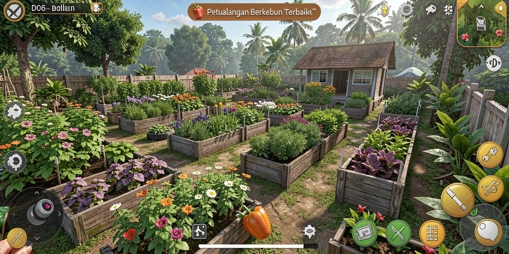 Tangkapan layar D06 menunjukkan keindahan kebun yang subur dan berwarna-warni.