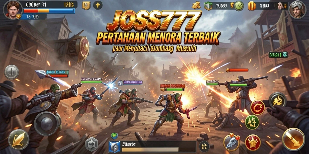Screenshot gameplay JOSS777 menunjukkan menara berstrategi dalam aksi melawan musuh.