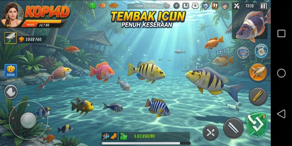 Gameplay seru KOPI4D dengan berbagai ikan dan senjata.