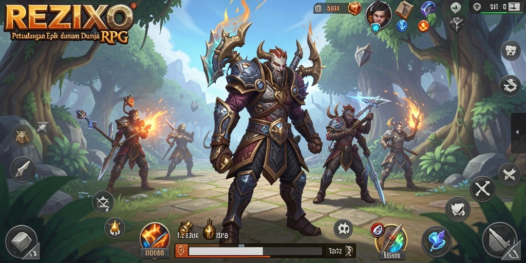 Screenshot gameplay dari REZIXO menampilkan pertarungan epik di dunia RPG.
