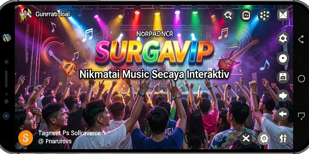 Screenshot menunjukkan gameplay interaktif SURGAVIP dengan pengalaman musik yang mengasyikkan.