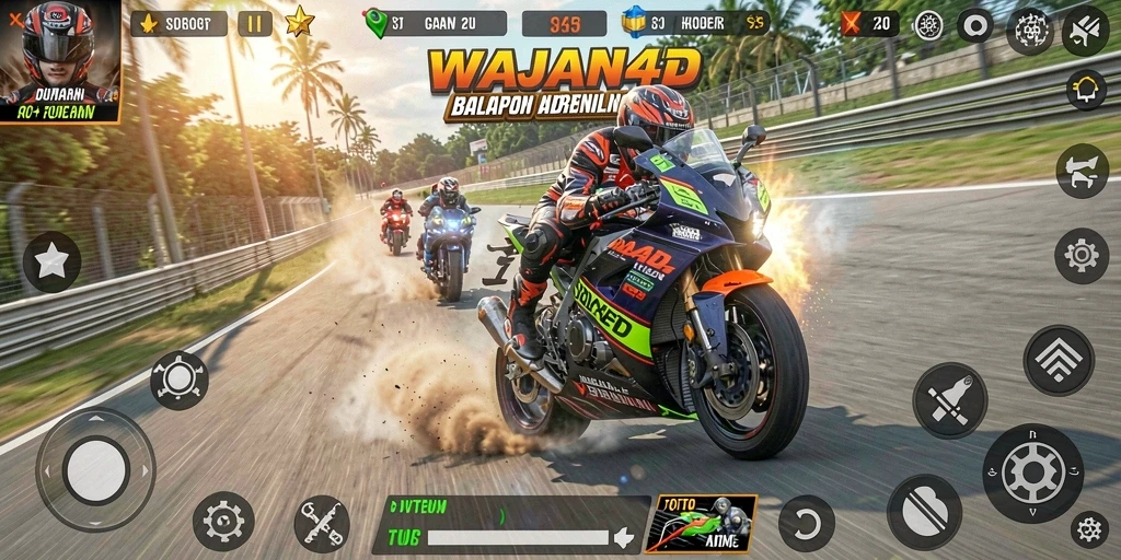 Tampilan gameplay seru di WAJAN4D dengan balapan motor yang mendebarkan.