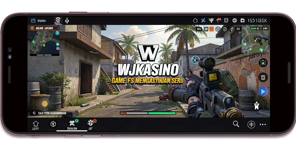 Screenshot gameplay WJKASINO menampilkan pertempuran seru di arena FPS.